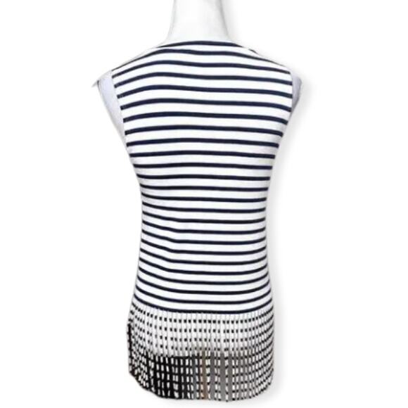 Everly Tank Top Striped Pattern Sleeveless Scoop Neck Fringe Hem White Blue XS - Picture 4 of 8